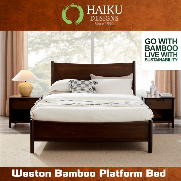 platform bed, bamboo bed frame, wooden bed, double bed, bedroom furniture, brand awareness, lifestyle, calm, trustworthy, brown, neutral